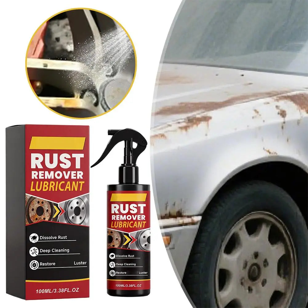 A bottle of Rust Remover Lubricant next to a close-up of rust removal on a car's body and wheel.