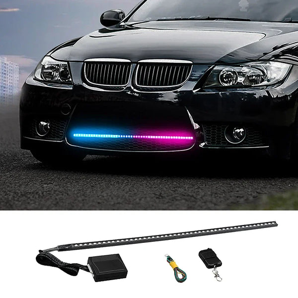 A high-intensity RGB strobe light strip is shown next to a vehicle, demonstrating its use for vehicle safety.