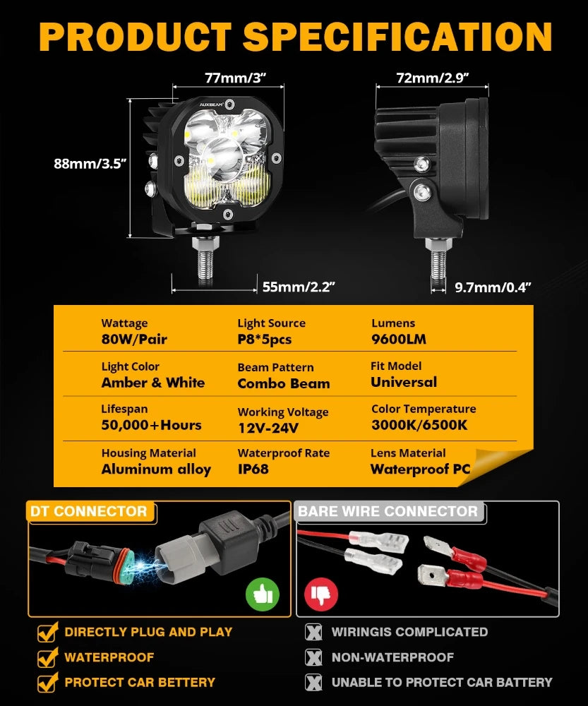 Specification sheet for powerful LED off-road driving lights showing dimensions and features