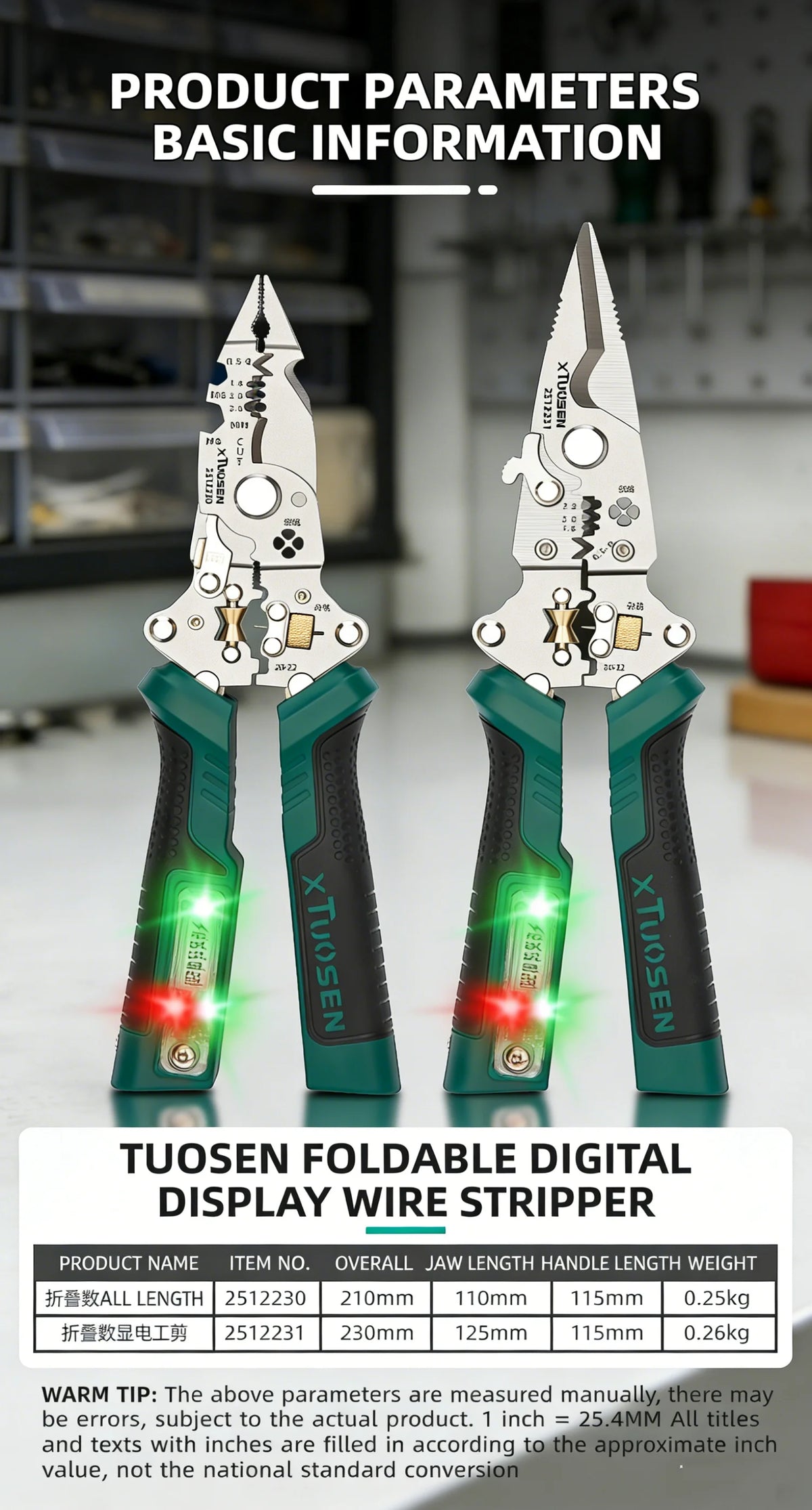A Tuosen foldable digital wire stripper tool in green and silver is shown against a blurred background.