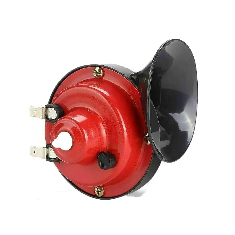 A red electric snail horn with a black flared horn is shown from above.