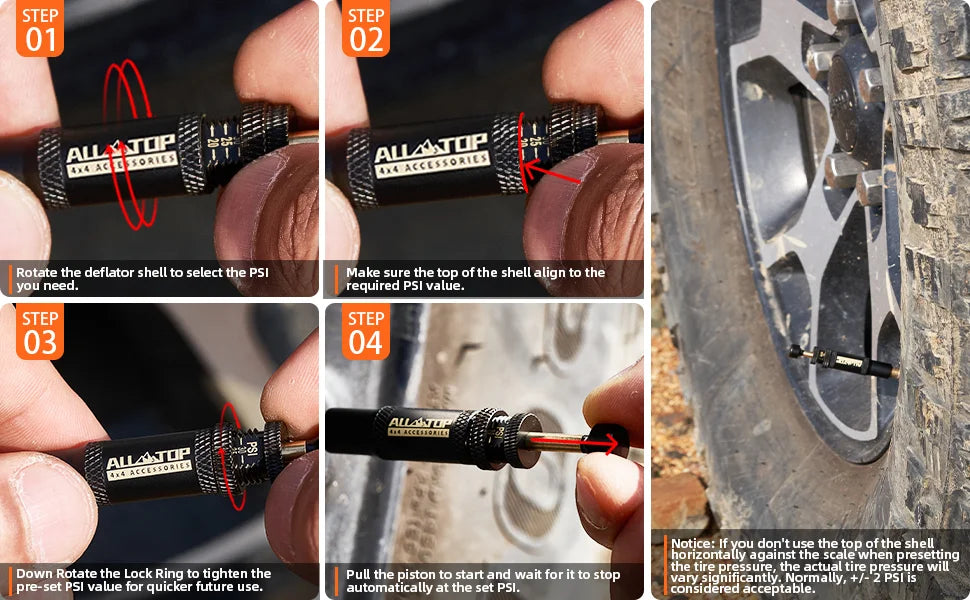 Step-by-step guide showing how to use the Allatop tire deflator valve kit for PSI adjustment.