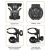 Various views of a black foldable motorcycle cup holder bracket showing expand-front and folding-front installation methods.
