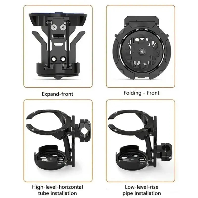 Various views of a black foldable motorcycle cup holder bracket showing expand-front and folding-front installation methods.