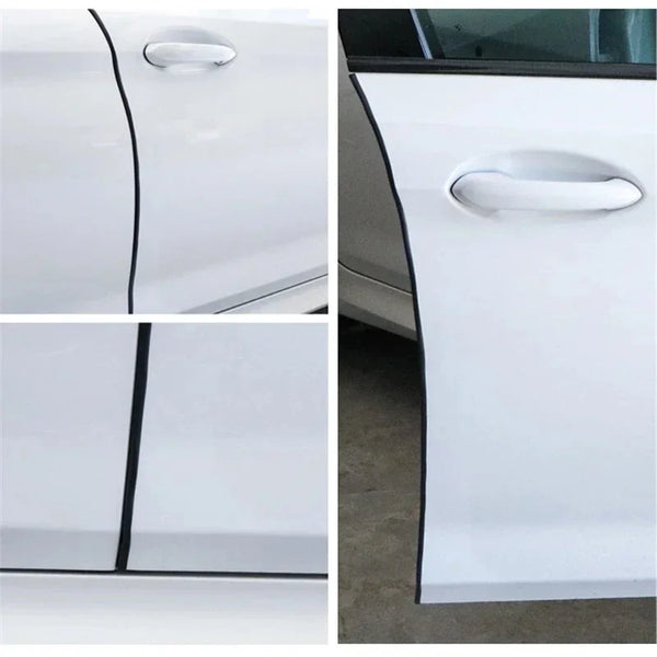 Close-up view of black rubber scratch protector strips installed along the edge of a white car door.