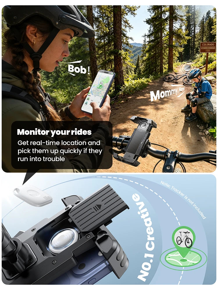 A close-up view of a bike phone holder designed for motorcycle safety, showing its mechanism and mounting features.