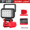 A portable red and black LED work light with a flashlight head and base, shown without a battery.