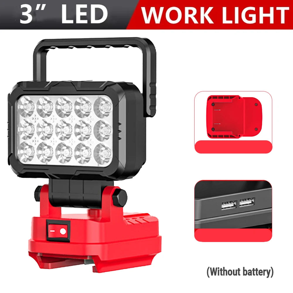 A portable red and black LED work light with a flashlight head and base, shown without a battery.