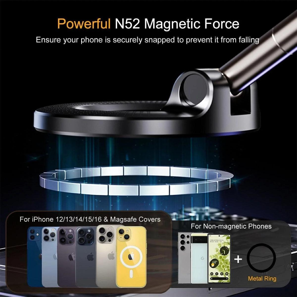 A magnetic phone mount device is shown securing a smartphone to a metal ring for stable viewing.