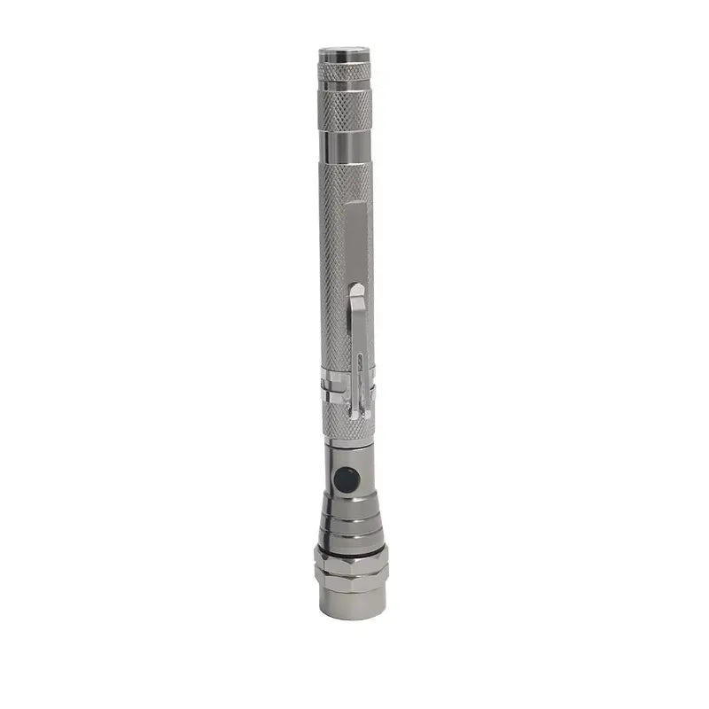 A silver 360° flexible magnetic LED flashlight with a textured grip and a threaded base.