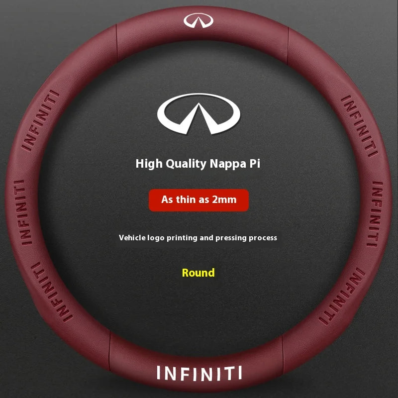 A round, maroon steering wheel cover for Infiniti models, highlighting the high quality printing and pressing process.