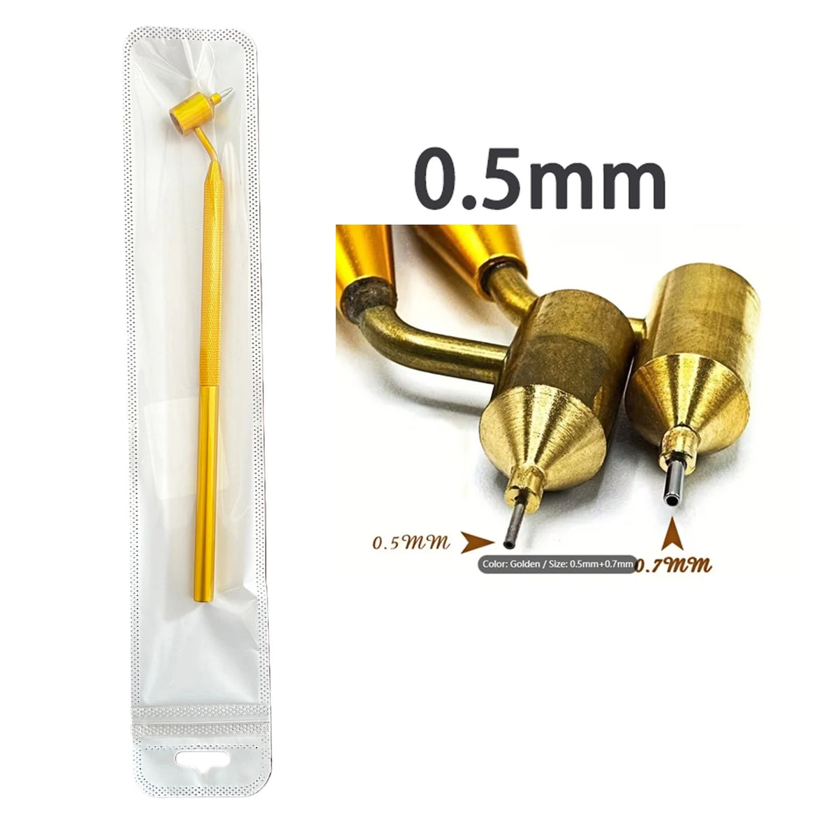 A precision car scratch repair pen with a gold fine tip applicator and various sizes of tips.