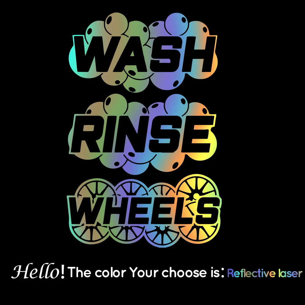 A graphic design featuring the words WASH and RINSE in a colorful, gradient font above the word WHEELS.