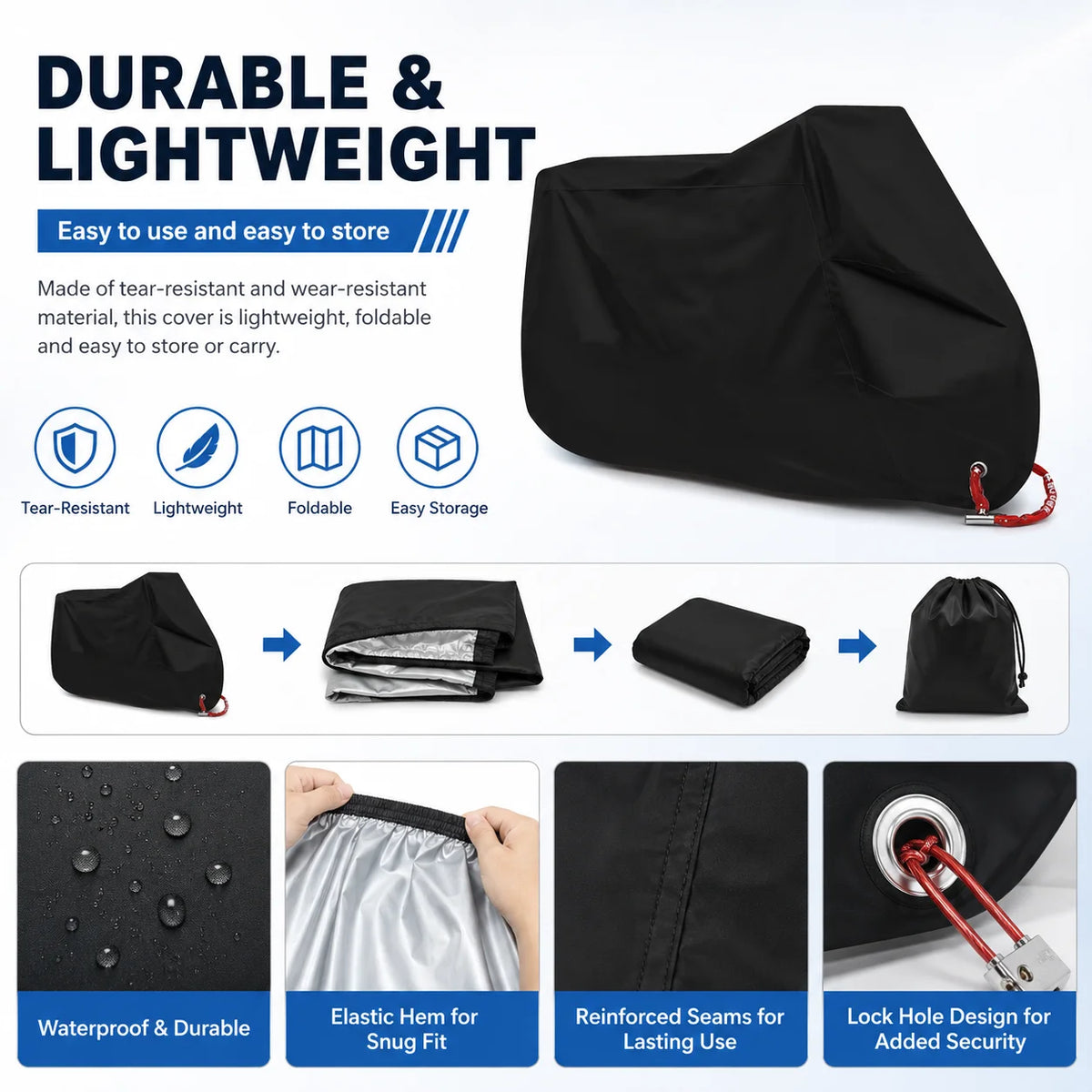 Cubierta negra impermeable y duradera para motocicleta o scooter, con dobladillo elástico y costuras reforzadas.