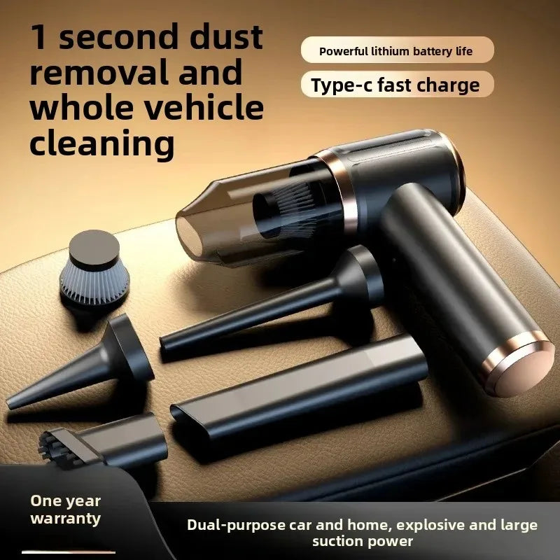 A portable wireless vacuum cleaner with multiple attachments is shown on a surface, highlighting its cleaning features.