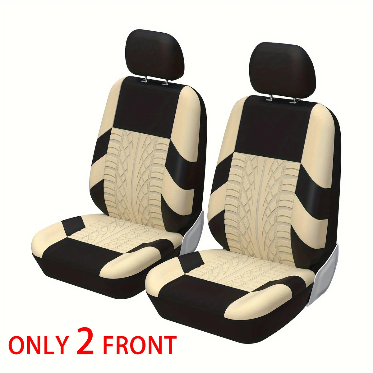 Two black car seat covers shown from the front, featuring a beige and black striped pattern.