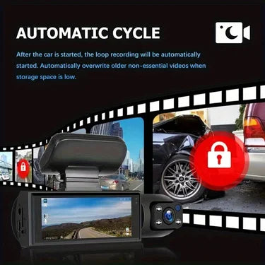 A black dual-lens dashcam is shown mounted on a vehicle, with a recording screen visible.