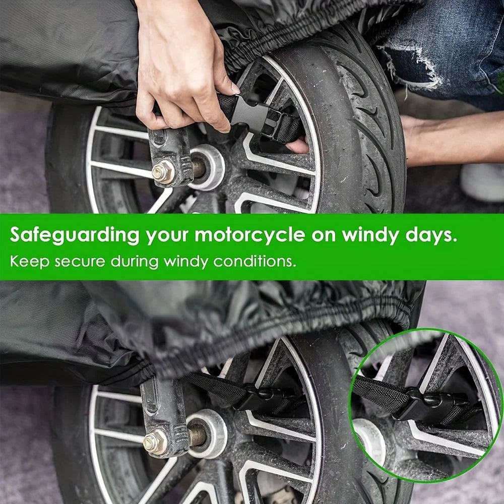 A hand secures a motorcycle wheel with a black cover featuring night reflective strips for protection.