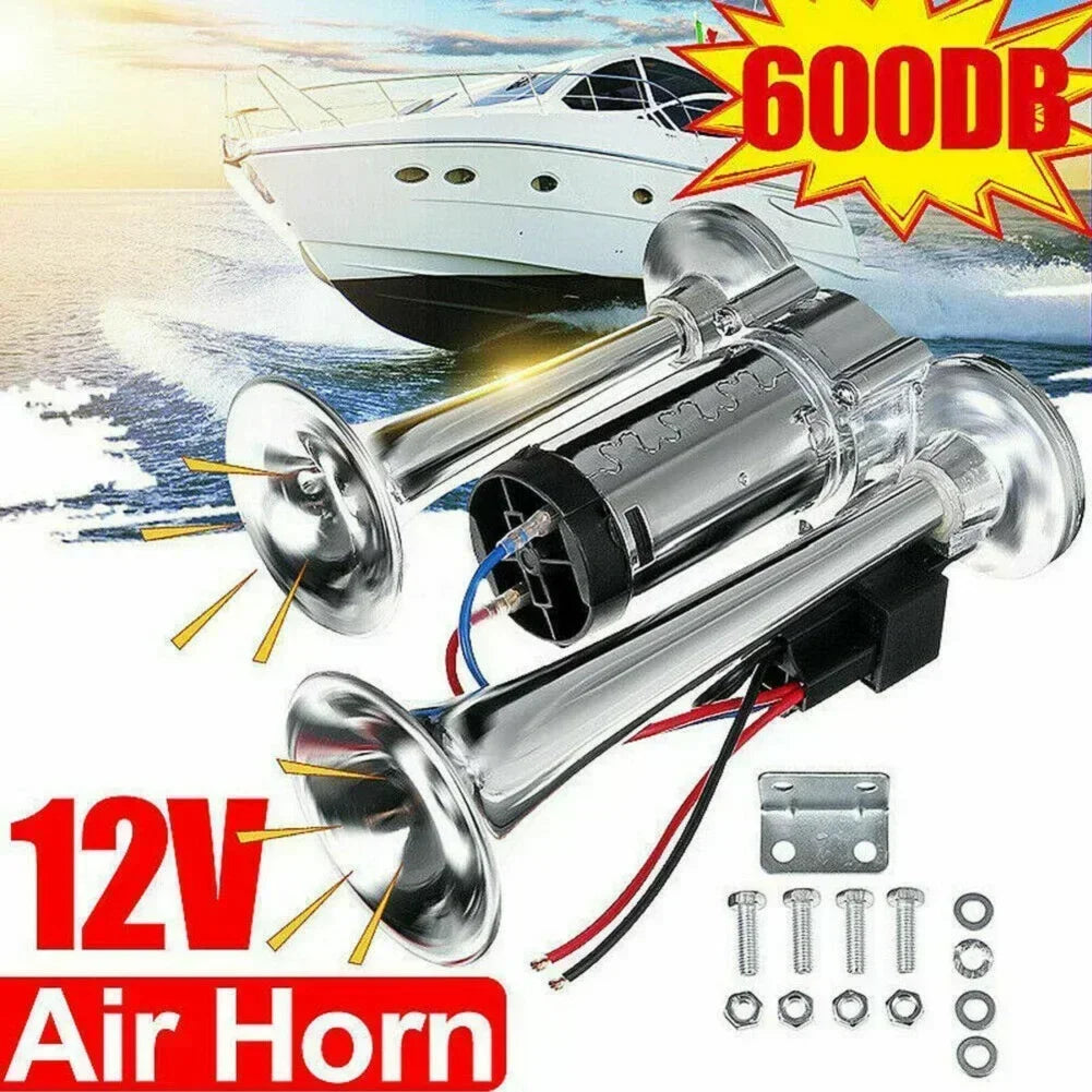 A silver 12V air horn kit with a large horn and mounting plate is shown against a bright sky.