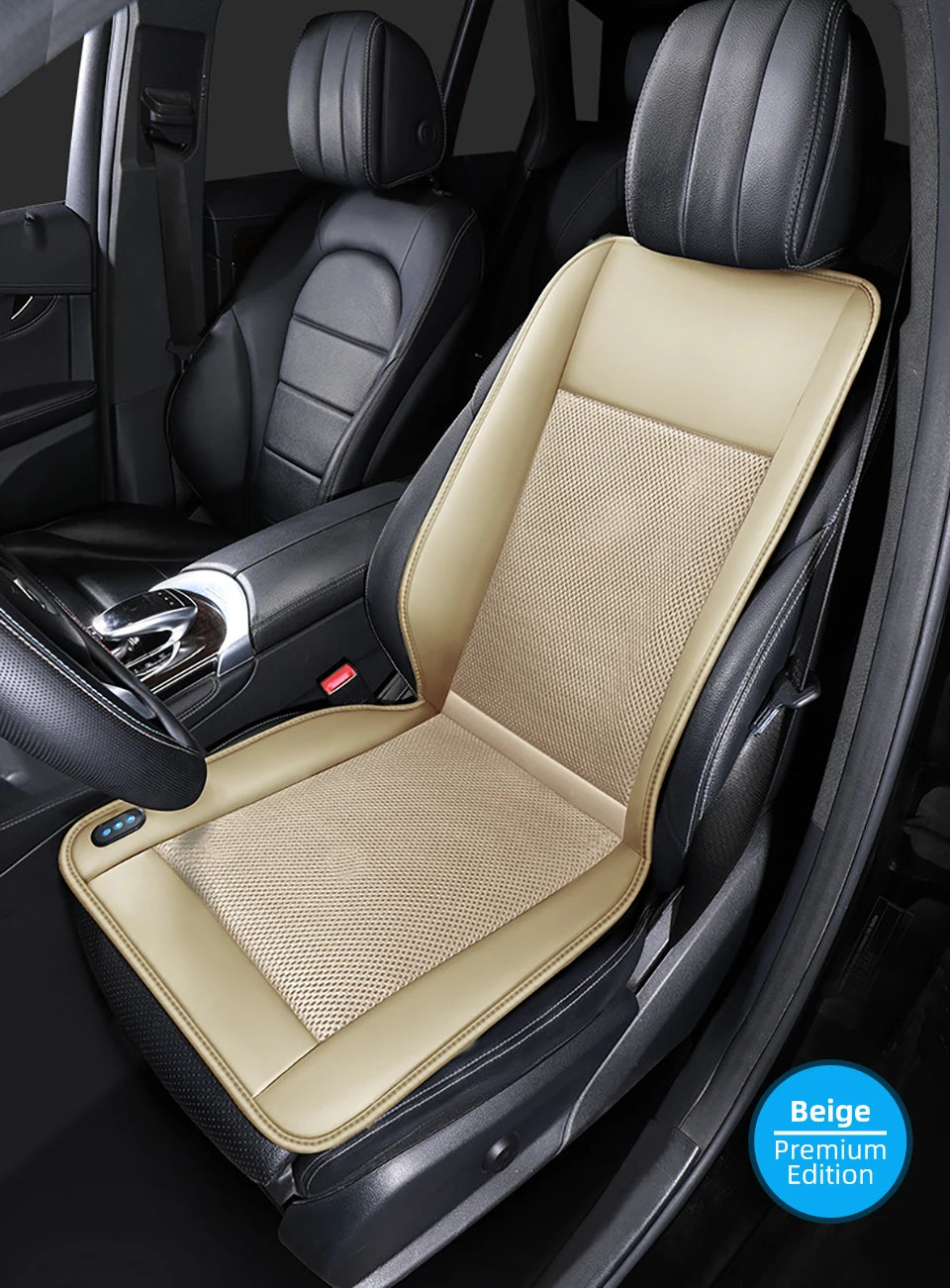 A beige premium edition car seat cushion installed in a black car seat interior.