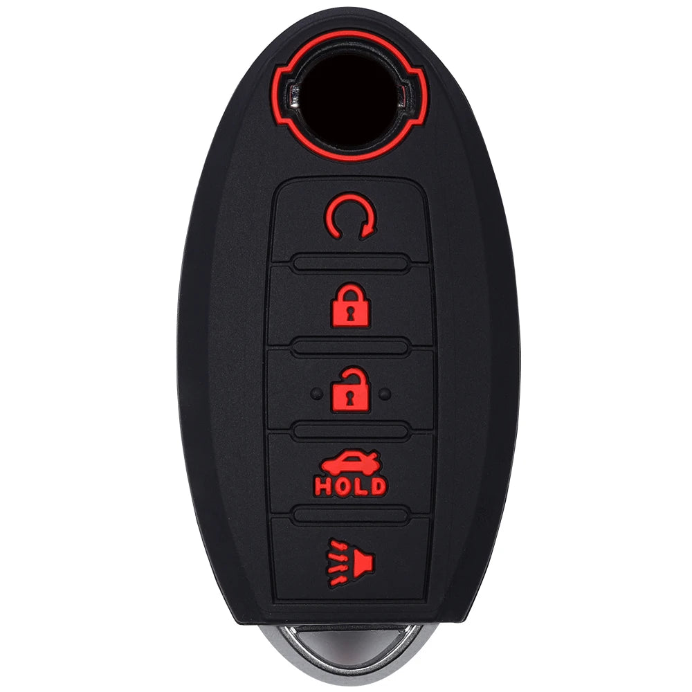 Black universal car key fob cover with indicators for unlock, lock, hold, and horn.