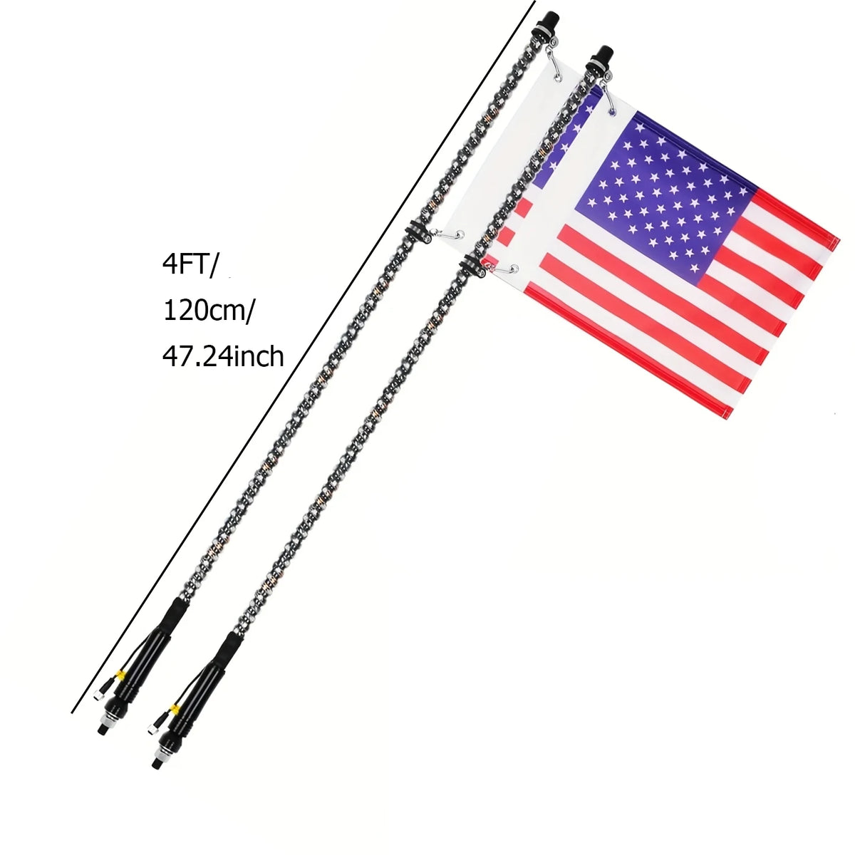 An RGB chasing light whip flag featuring the American flag design, measuring 4FT/120cm.