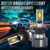A bright yellow LED car headlight bulb is shown next to a vehicle, demonstrating a high-power version of a spotlight.