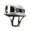 A white half-helmet motorcycle and EV safety gear with a black visor and strap visible.