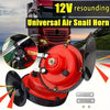 A red 12V resounding universal air snail horn mounted on a vehicle, with mounting plates visible.