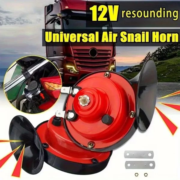 A red 12V resounding universal air snail horn mounted on a vehicle, with mounting plates visible.