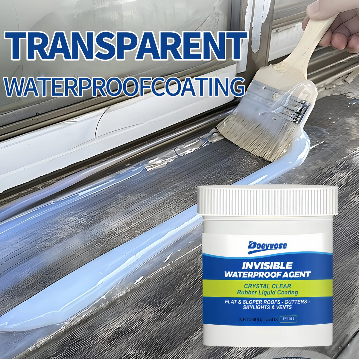 A paintbrush applies transparent waterproof coating to a window frame, demonstrating invisible waterproof agent for roofs and