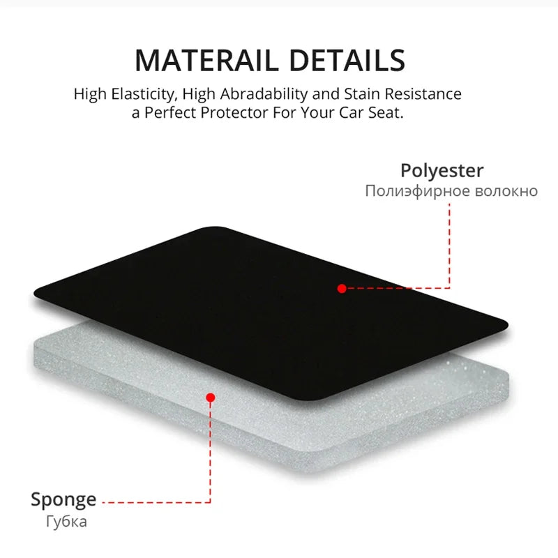 Un ensemble de housses pour sièges en polyester noir superposées sur une protection en éponge grise.