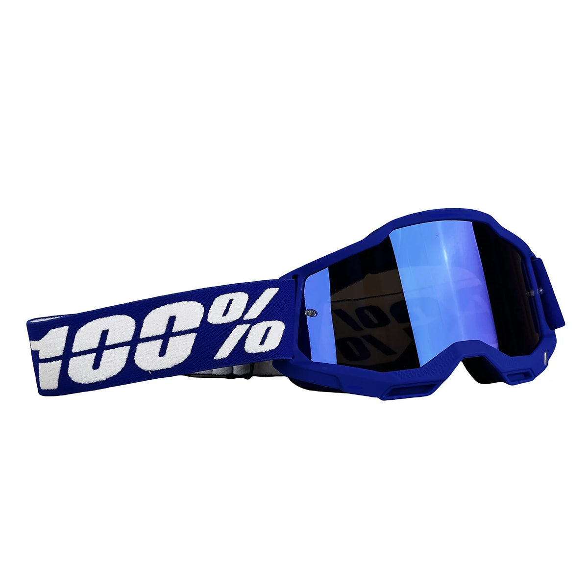 Ein Paar blaue Fahrrad- oder Skigoggles mit einem weißen Prozentzeichen-Grafik am Riemen.