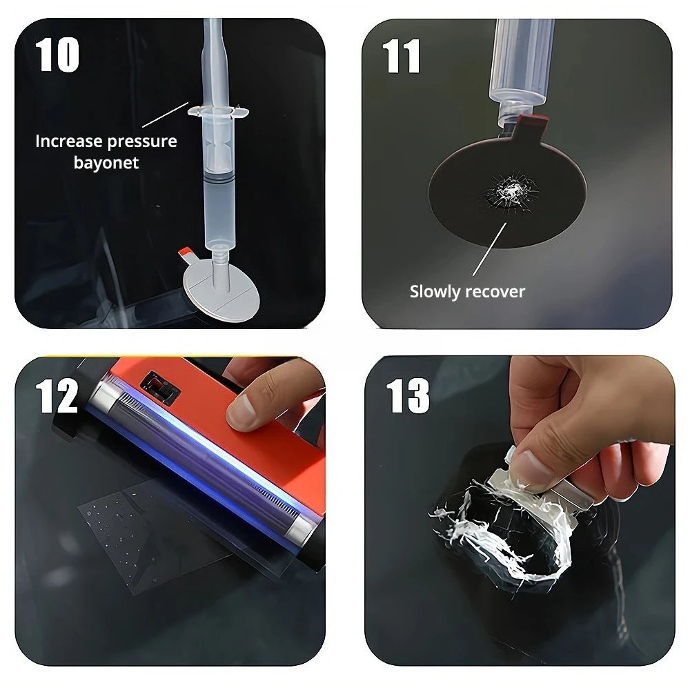 A series of steps showing how to use a professional windshield repair kit for scratches and cracks.
