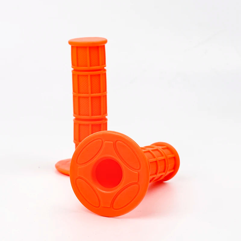 Orange universal motorcycle handlebar grips, showing a cylindrical grip and a round grip.
