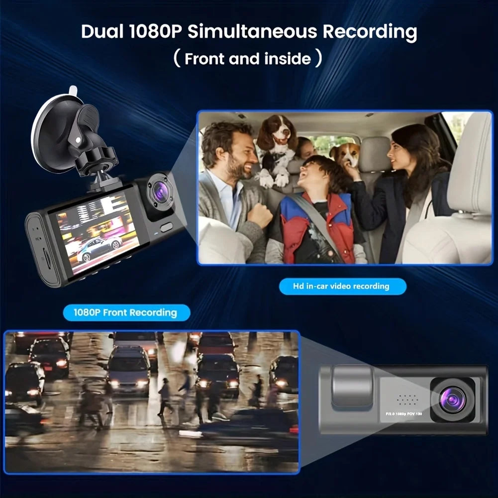 A dual 1080P dash cam is shown recording from the front and inside of a car, with an inset showing a view of the vehicle's in