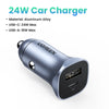A silver UGREEN 24W car charger with USB-C and USB-A ports shown from the side.