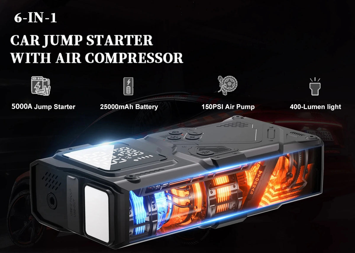 Arrancador de coche portátil negro 6 en 1 con compresor de aire y luz LED.