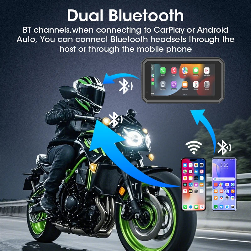 Une moto montrant un système Bluetooth dual connectant des casques à CarPlay ou Android Auto.
