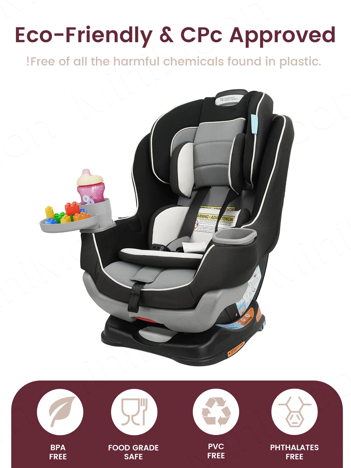 A black and gray 3-in-1 expandable travel tray designed for car seats and strollers.