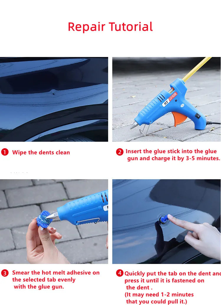 Repair tutorial showing steps to use a glue gun and hot adhesive to repair dents on a car surface