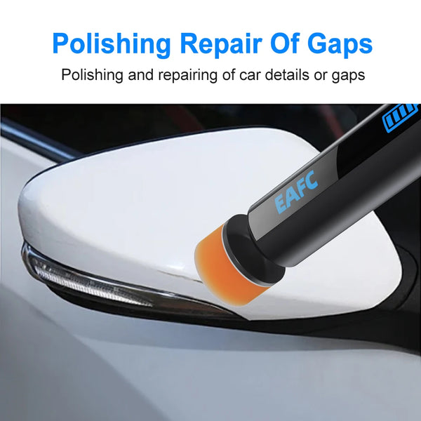 A black polishing tool with an EAFC head is used to repair and polish gaps on a white car detail.