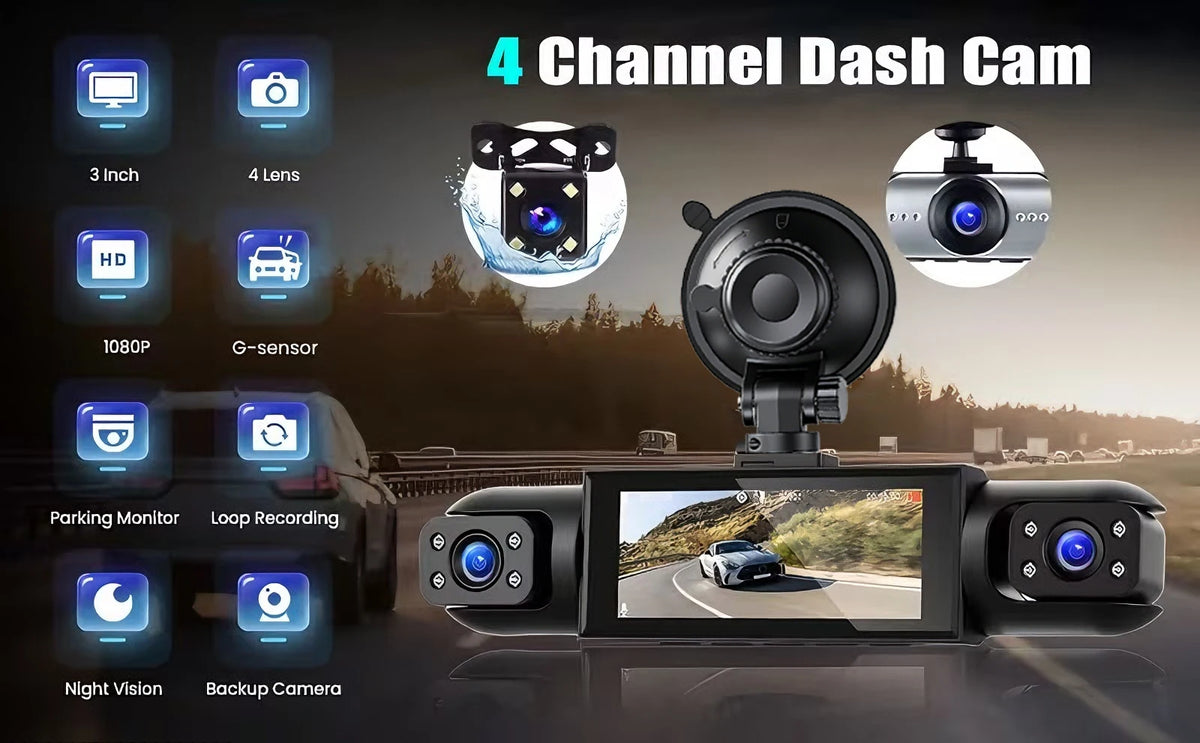 Appareil dashcam noir avec plusieurs objectifs de caméra et un écran, démontrant ses fonctionnalités de surveillance et d'enr