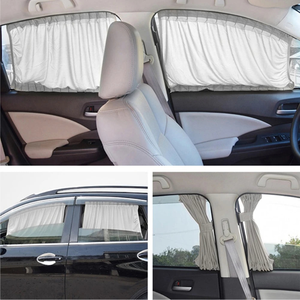 Interior view of a car showing a white sun shade curtain covering the side window.