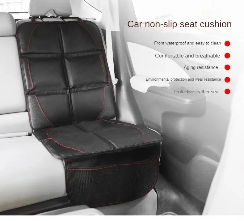 Black non-slip seat cushion protector for a car seat, featuring waterproof and protective leather seating.