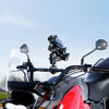 A close-up view of a heavy-duty motorcycle phone mount with a fork stem base installed on the handlebars.
