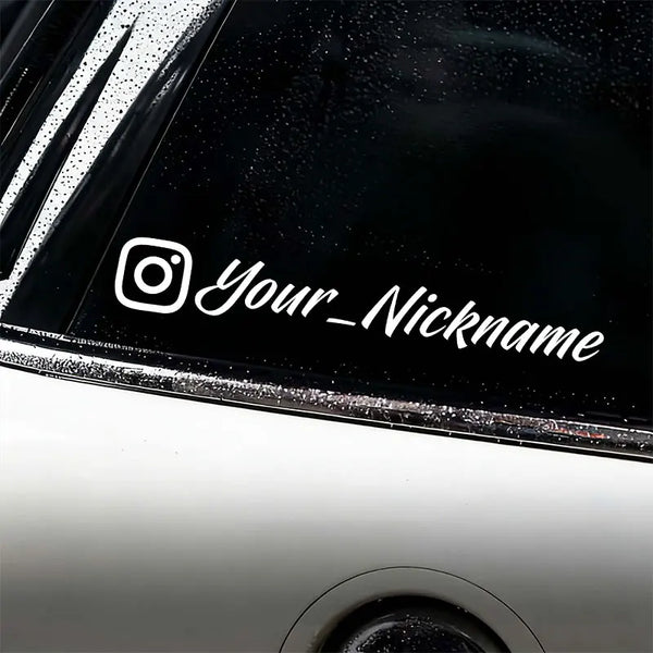 Close-up of a black car window with a white Instagram logo and the text Your_Nickname decal.