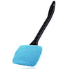 A blue sponge cleaning brush with a long black handle for car window cleaning.