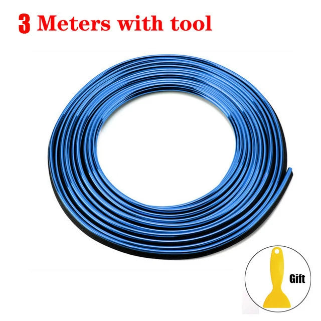 A coil of 3 meters of blue universal car moulding trim strips with a tool.
