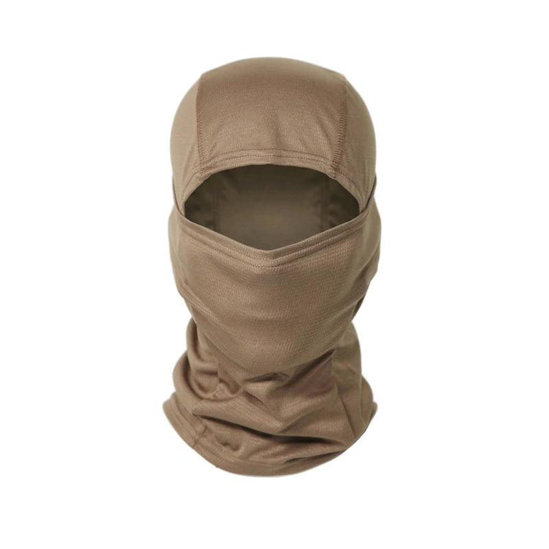 A tan multi-functional stretchy balaclava cap for outdoor sports.